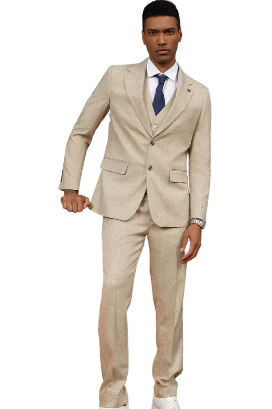 Tailorino Collection: Men's Solid Textured 3 Piece Hybrid Fit Suit In Tan