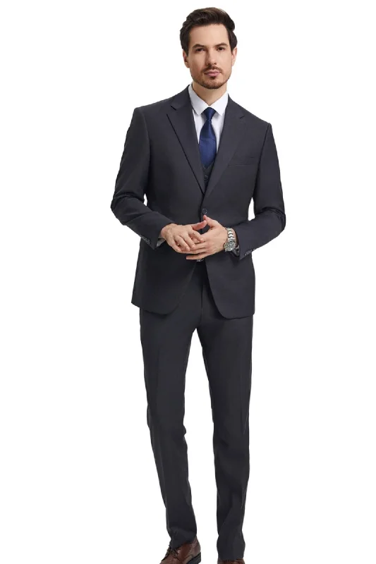 Velourville Collection: Men's 3 Piece Solid Hybrid Fit Suit In Charcoal