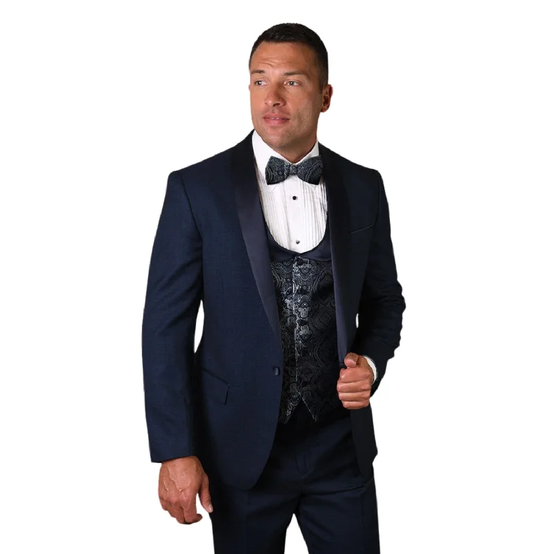 Quantum Collection: Indigo Tailored Fit Tuxedo, 3-Piece with Flat Front Pants and Bow Tie