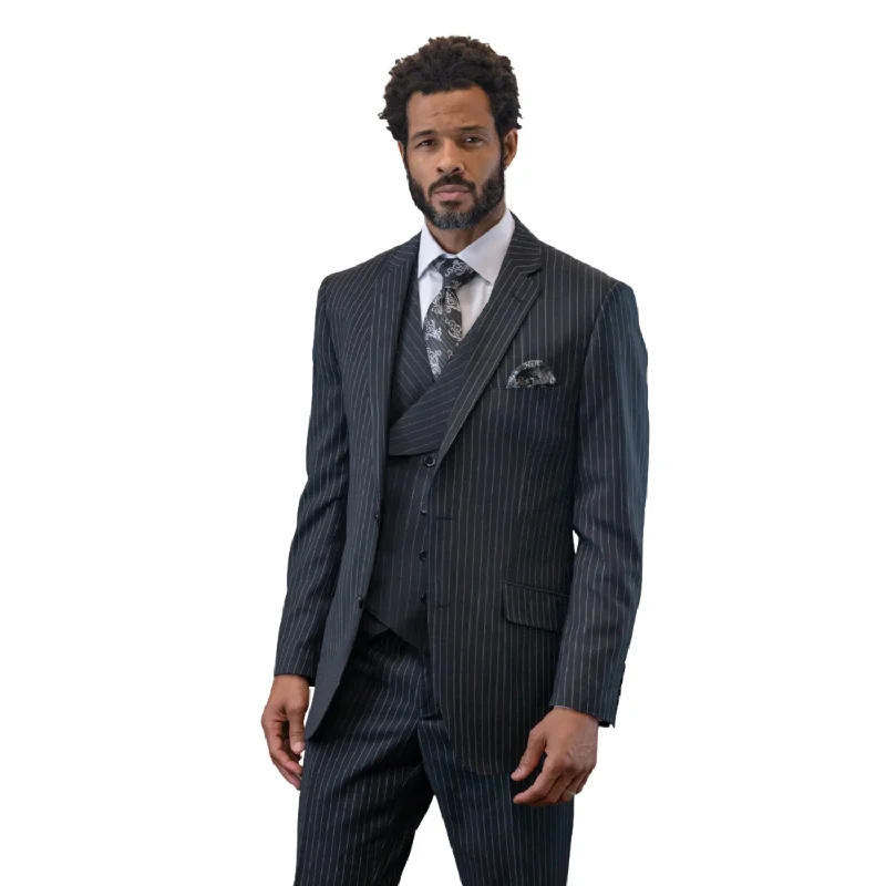 Sovereign Stripe Black Pinstripe 3-Piece Suit with Double-Breasted Vest - Modern Fit