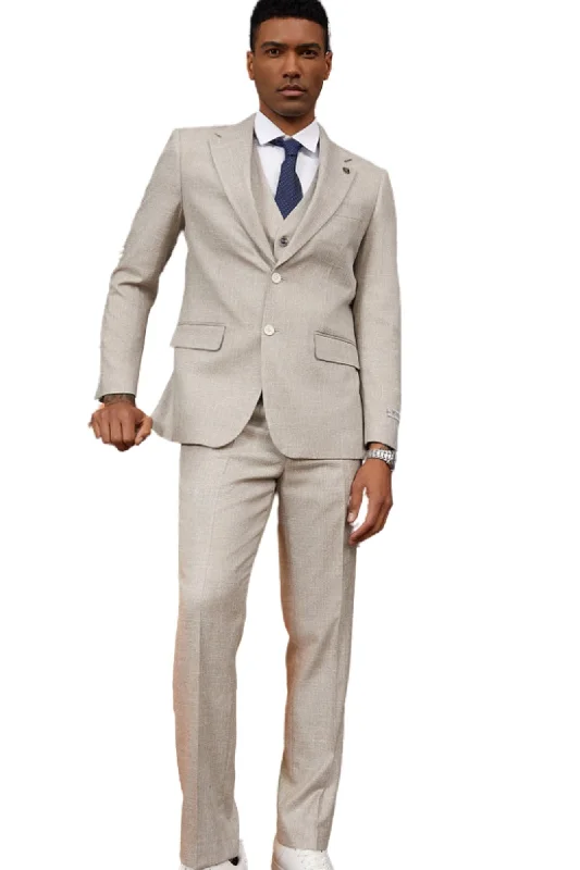 Tailorino Collection: Men's Solid Textured 3 Piece Hybrid Fit Suit In Ivory