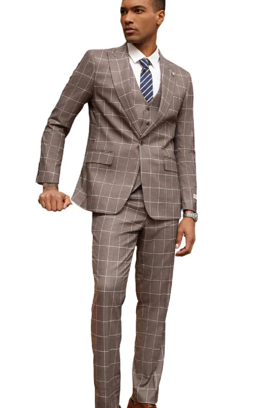 Opulence Collection: 3 Piece Windowpane Hybrid Fit Suit In Brown