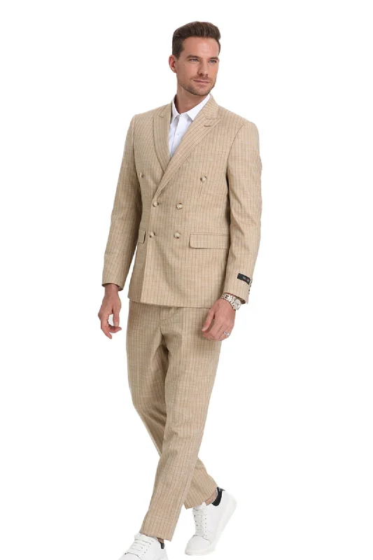 Sandstone Collection: 2-Piece Slim Fit Pin Stripe Suit For Men In Khaki