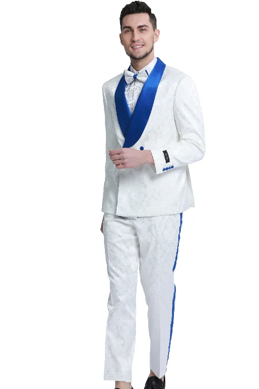 Whisper Collection: Men's 2-Piece Paisley Suit In White/Royal - Slim Fit