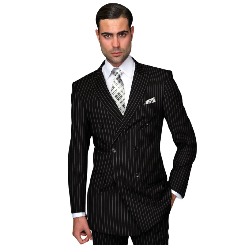 Orpheus Collection: Black Pinstripe Double Breasted Suit, Super 180's Italian Wool, 2-Piece