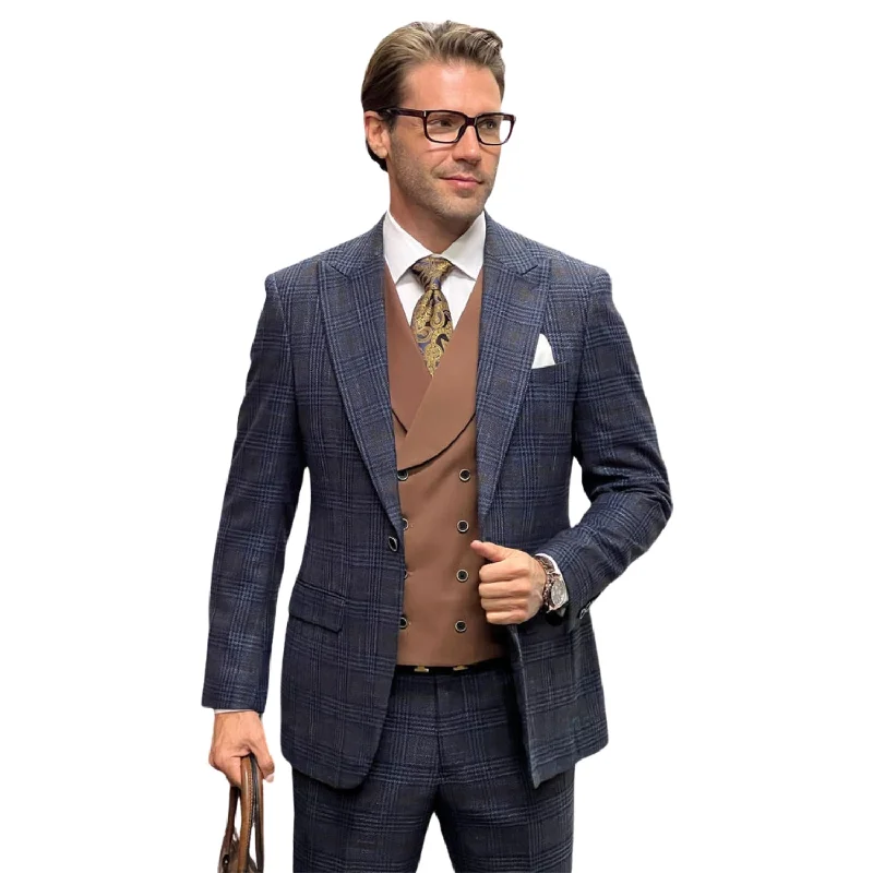 RegalRush Collection: Midnight Blue Plaid 3-Piece Suit with Double-Breasted Vest - Modern Fit