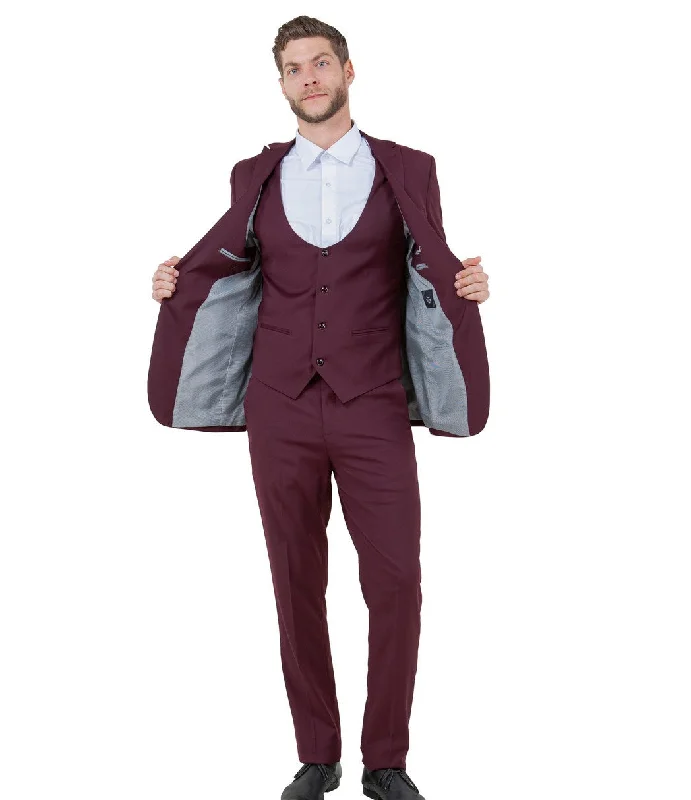 Midas Collection: Ultra Slim Three-Piece Suit with Peak Lapel in Burgundy