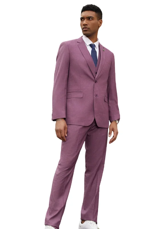 PoshPerry Collection: Men's 3 Piece Solid Textured Hybrid Fit Suit In Purple