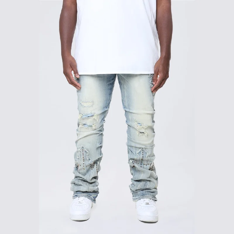 Durable Men's JeansBig and Tall - Lazy Stacked Western Studded Jeans - Milky Blue