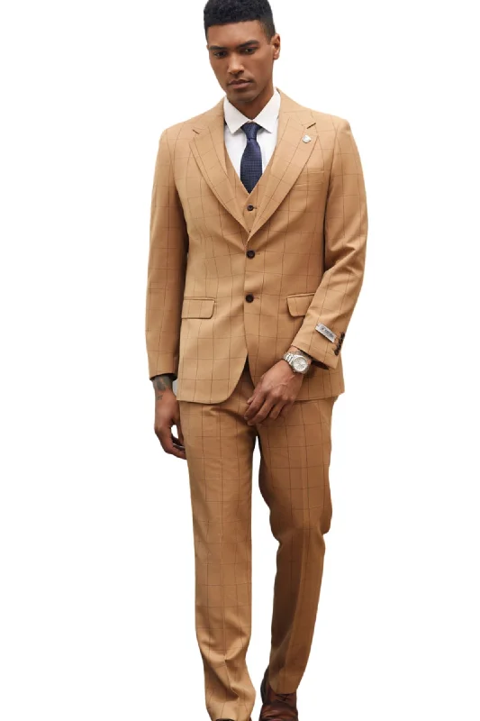 Classifyer Collection: 3 Piece Men's Windowpane Hybrid Fit Suit In Rust