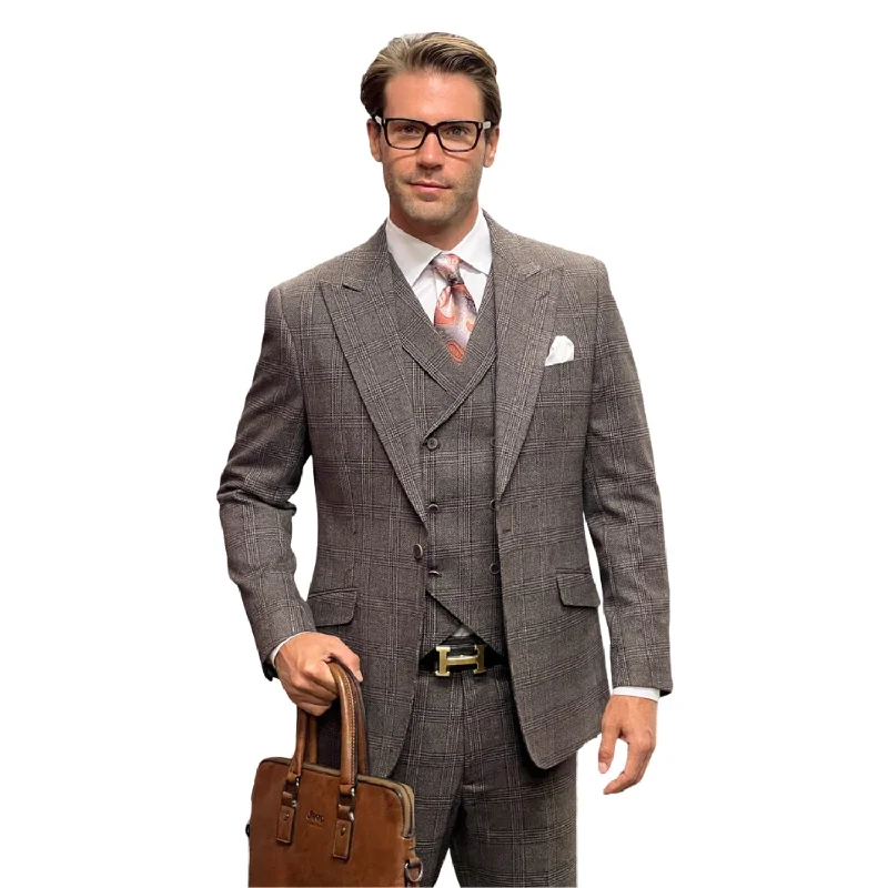 Hugo Highness Collection: Brown Tweed Self Plaid 3-Piece Suit with Double-Breasted Vest - Modern Fit