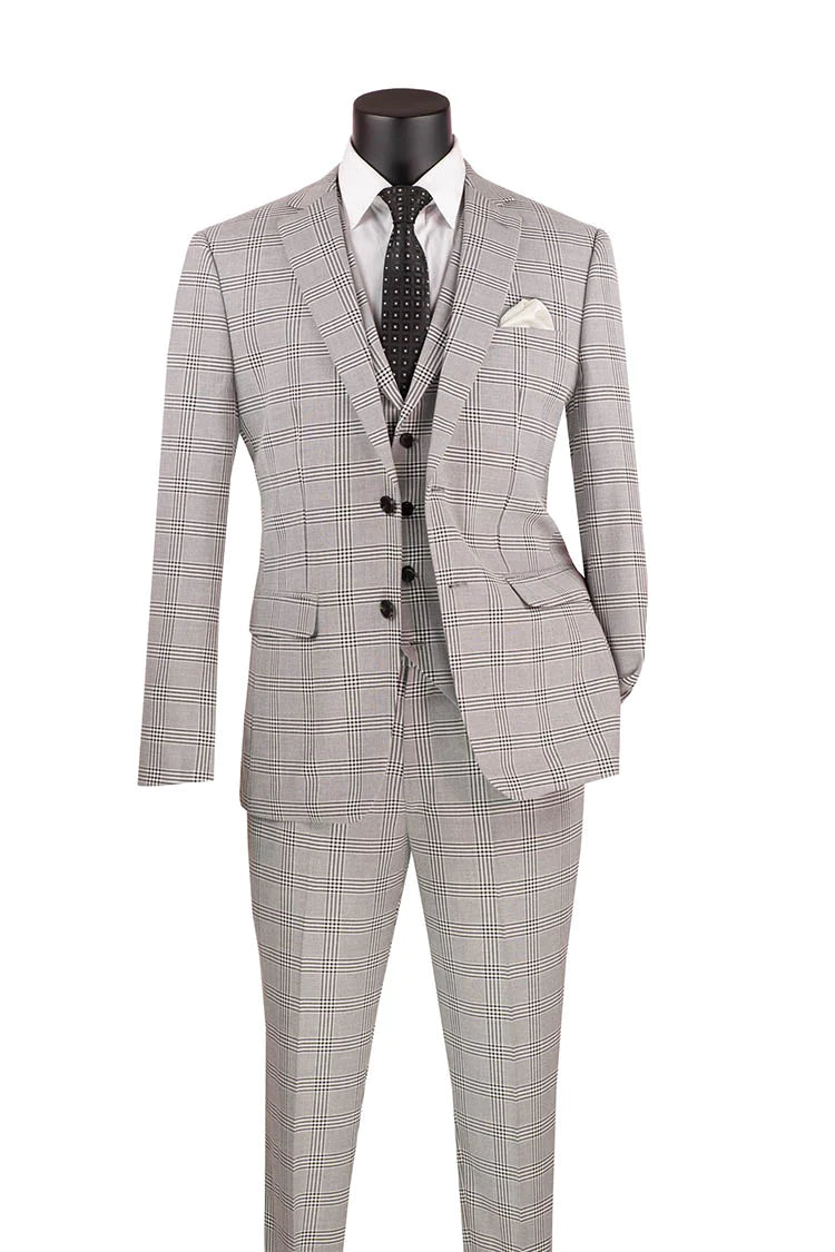 Men's Single Breasted Slim Fit Windowpane 3-Piece Suit in Grey