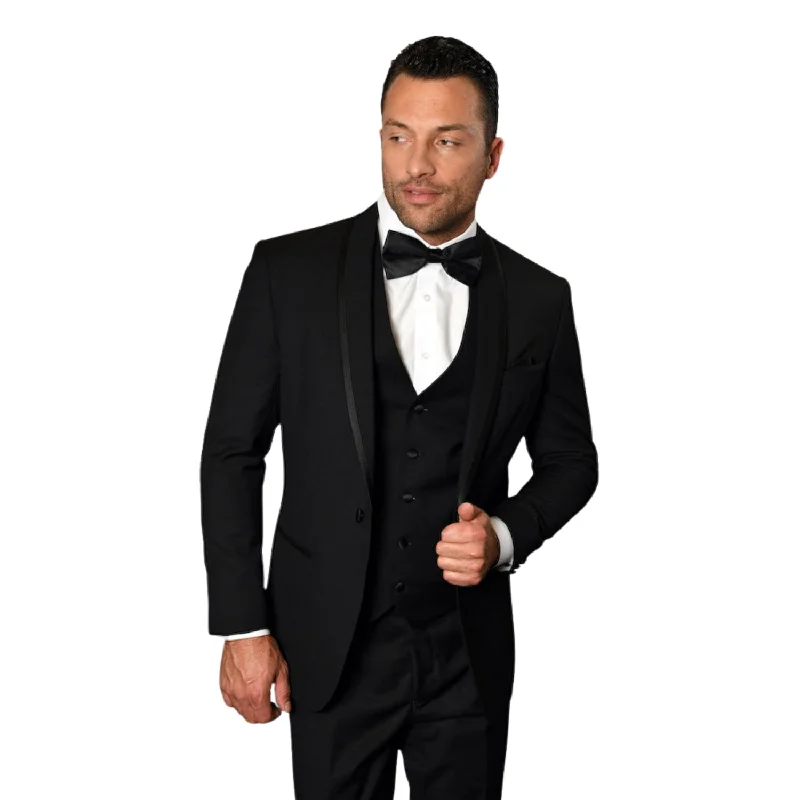 Eliot Collection: 3PC Black Tuxedo with Flat Front Pants and Matching Bow Tie