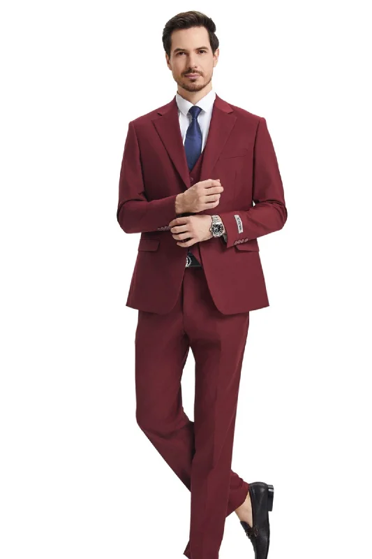 Velourville Collection: Men's 3 Piece Solid Hybrid Fit Suit In Burgundy