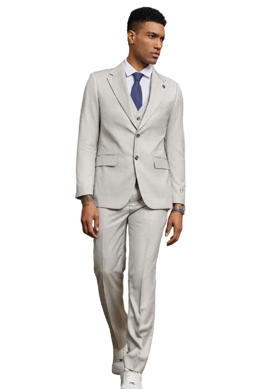 Dashify Collection: Men's Solid Textured 3 Piece Hybrid Fit Suit In Light Grey