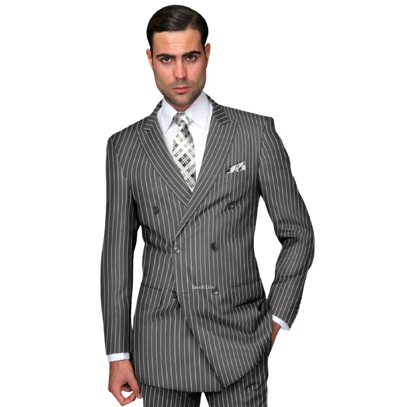 Orpheus Collection: Gray Pinstripe Double Breasted Suit, Super 180's Italian Wool, 2-Piece