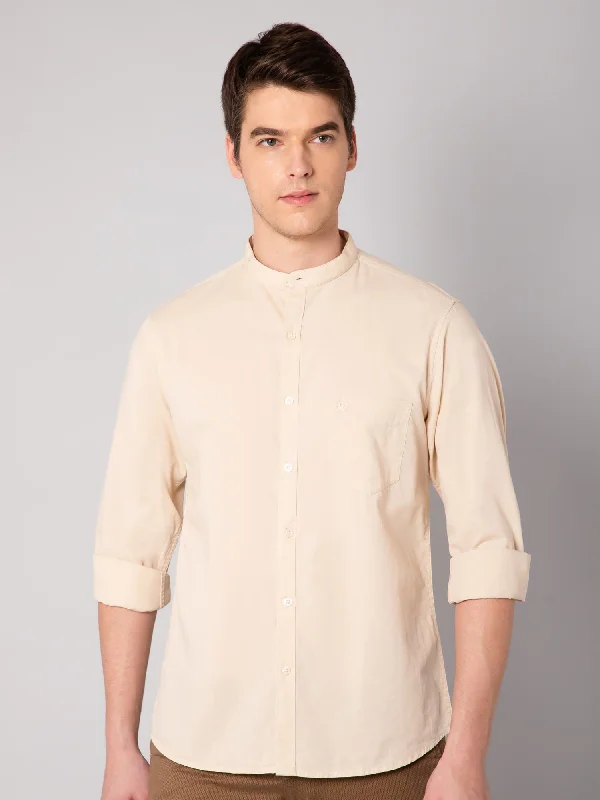 Men's Big and Tall Shirts for Added ComfortMen's Beige Casual Plain Full Sleeve Shirt