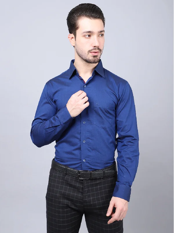 Men's Tennis Shirts for Court ComfortCotton Blend Solid Blue Full Sleeve Regular Fit Formal Shirt for Men with Pocket