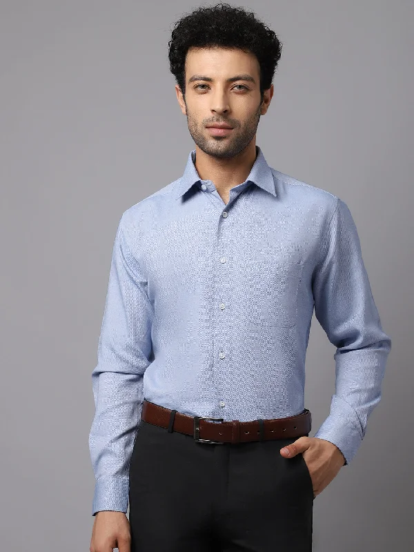 Layered Men's Henley ShirtsMen's Blue Formal Self Textured Full Sleeve Shirt