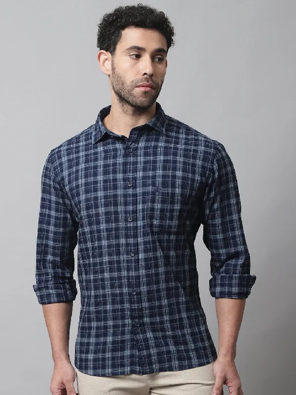 Men's Striped Long-Sleeve Shirts for a Maritime FeelMen's Navy Blue Casual Medium Checks Full Sleeve Shirt