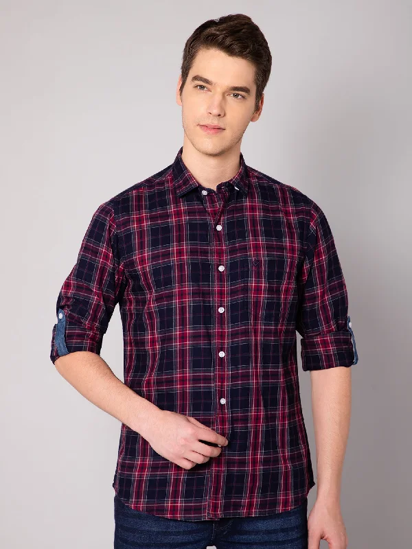 Men's Short-Sleeve Shirts for Warm WeatherMen's Indigo Blue Casual Big Checks Full Sleeve Shirt