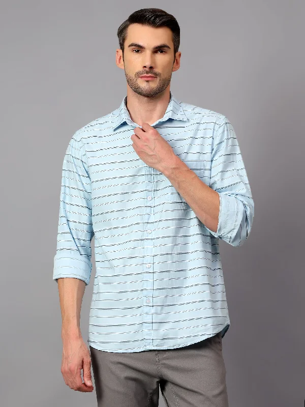 Classic Men's Dress ShirtsMen's Sky Blue Casual Horizontal Stripe Print Full Sleeve Shirt