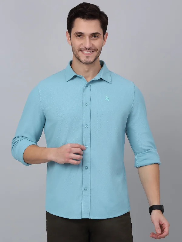 Men's Bamboo Fiber Shirts for Softness and BreathabilityMen's Teal Blue Casual Plain Full Sleeve Shirt