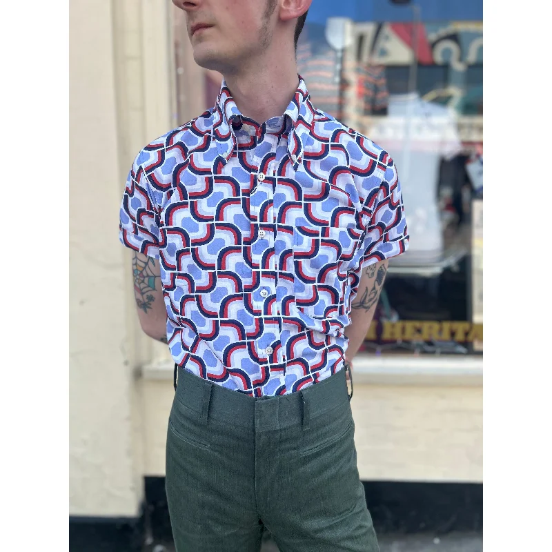 Men's Organic Cotton Shirts for Eco-ConsciousnessMr Bridger - Men's 'The Claxton' Red, White & Blue Geometric 70's Pattern S/S - Shirt