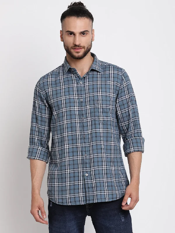 Breathable Men's Linen ShirtsMen's Grey Casual Big Checks Full Sleeve Shirt