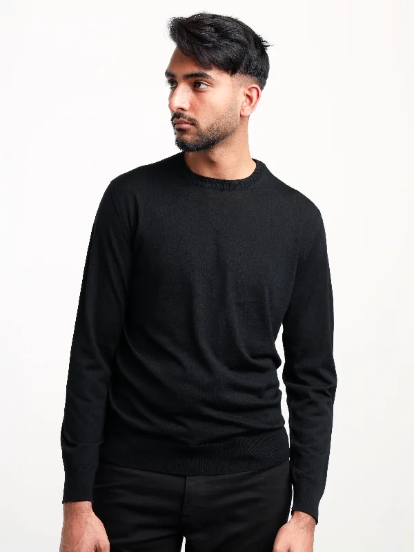 Men's Sweaters with Flat-Front DesignsBlack Wool Crewneck Sweater