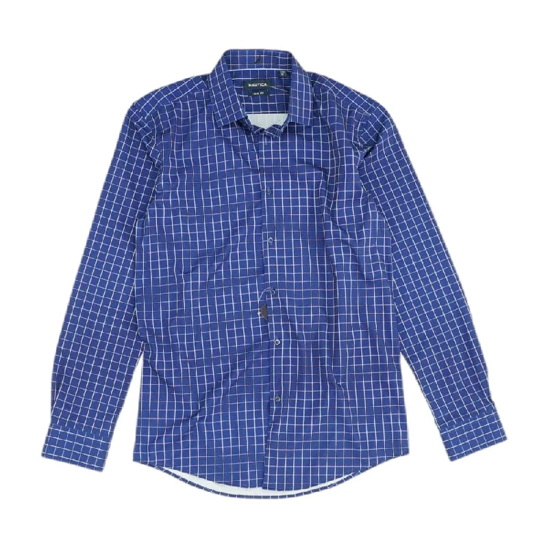 Men's Shirts with Surplice HemlinesBlue Check Long Sleeve Button Down