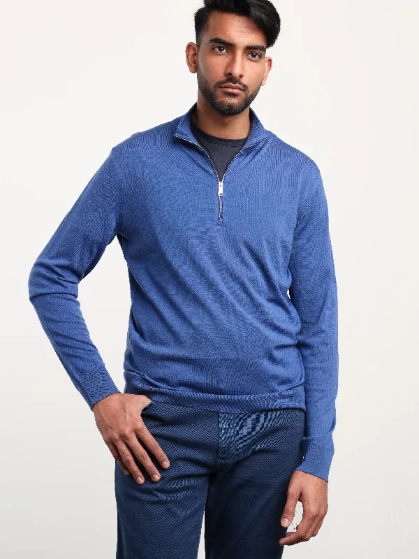 Men's Sweaters with Ribbed HemsBlue Wool Quarter-Zip Sweater