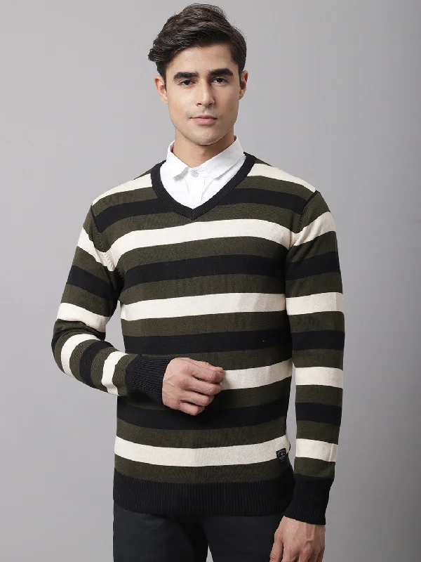 Striped Men's SweatersMen Olive Sweater