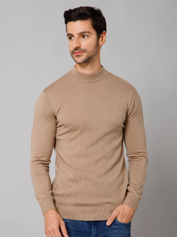 Men's Sweaters with Appliqué DetailsSolid Beige Full Sleeves Round Neck Regular Fit Casual Sweater for Men