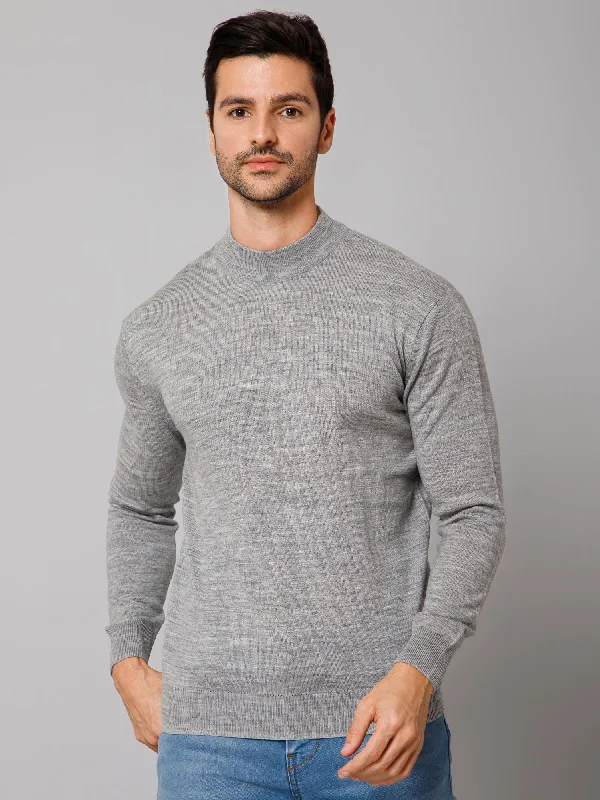 Men's Sweaters with A-Line ShapesSolid Grey Full Sleeves Round Neck Regular Fit Casual Sweater for Men