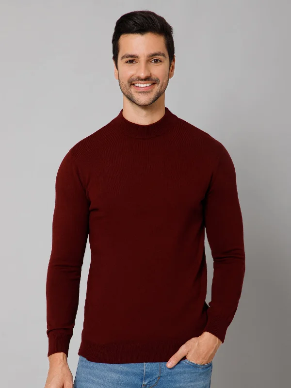 Striped Men's SweatersSolid Maroon Full Sleeves Round Neck Regular Fit Casual Sweater for Men