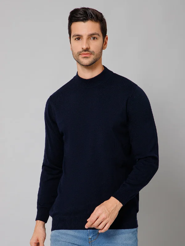 Men's Sweaters for SpringSolid Navy Blue Full Sleeves Round Neck Regular Fit Casual Sweater for Men