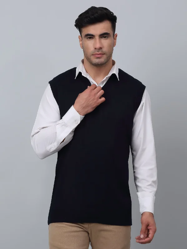 Men's Sweaters with Argyle PatternsSolid Navy Blue Sleeveless V Neck Reversible Regular Fit Casual Sweater for Men