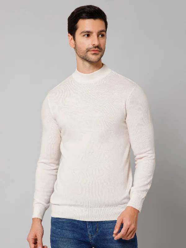 Men's Sweaters with Fold-Over CuffsSolid Off White Full Sleeves Round Neck Regular Fit Casual Sweater for Men