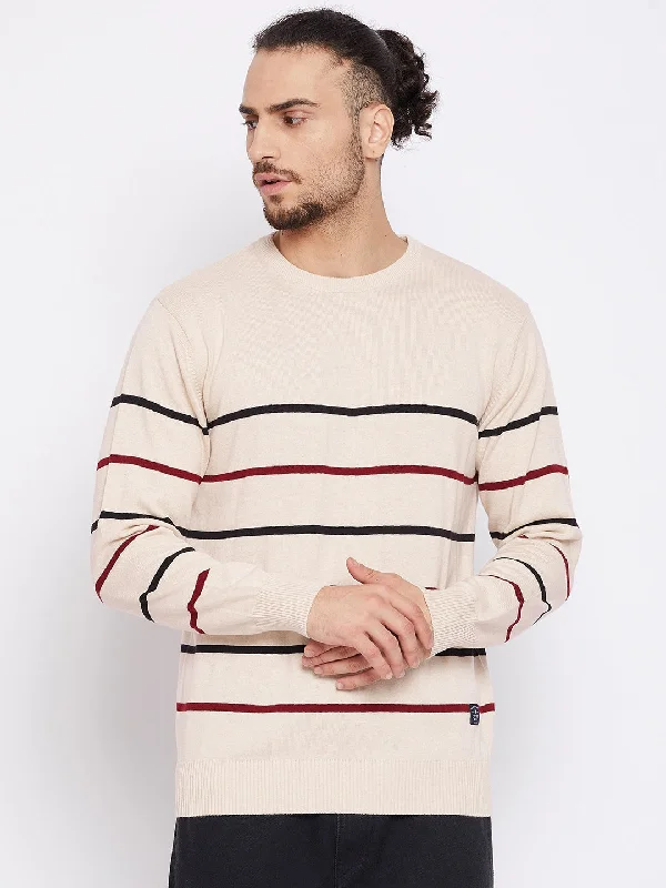 Men's Sweaters for SpringStriped Beige Full Sleeves Round Neck Regular Fit Casual Sweater for Men