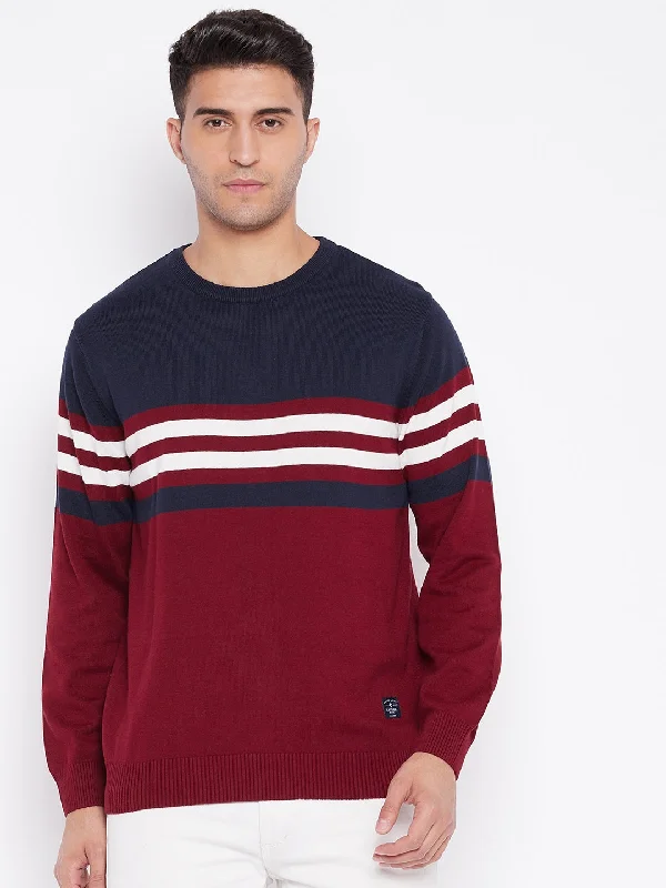 Men's Sweaters with Embroidered DesignsStriped Maroon Full Sleeves Round Neck Regular Fit Casual Sweater for Men