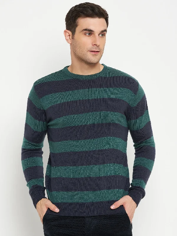 Essential Men's V-Neck SweatersStriped Navy Blue Full Sleeves Round Neck Regular Fit Casual Sweater for Men