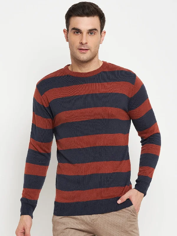 Men's Sweaters with SnapsStriped Rust Full Sleeves Round Neck Regular Fit Casual Sweater for Men