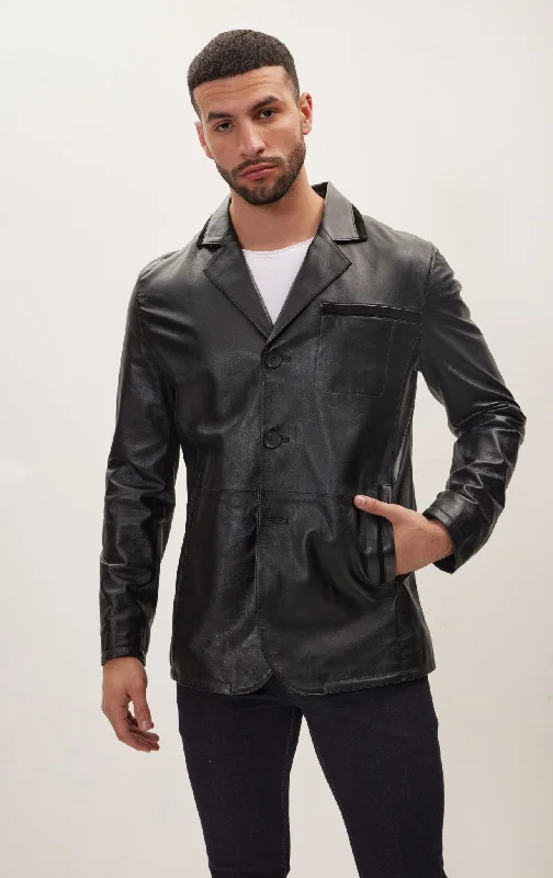 Men's Coats with Belted WaistsClassic Three Button Leather Blazer With Side Pockets -  Black