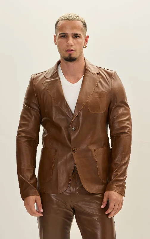 Unique Men's Flight JacketsClassic Two-Button Leather Blazer - Brown