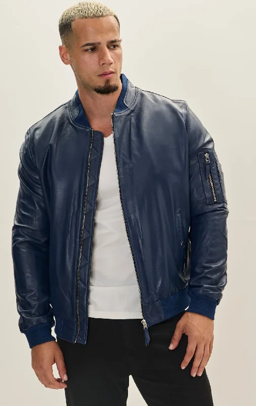 Winter-Ready Men's CoatsGenuine Leather Bomber Jacket - Navy