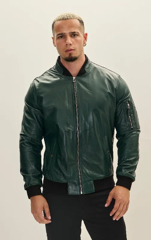 Men's Coats for Snowy WeatherGenuine Leather Bomber Jacket - Green