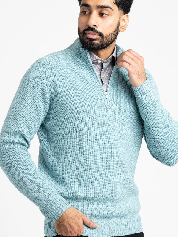 Men's Sweaters for Casual OccasionsLight Blue Rainwool Quarter-Zip Pullover Sweater