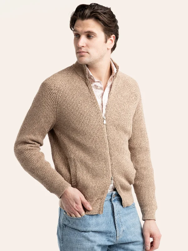 Men's Sweaters with Tailored FitsLight Brown Malfilé English Rib Full Zip Cardigan