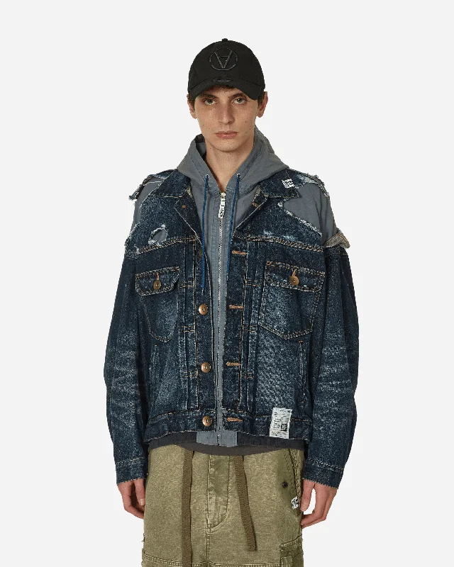 Unique Men's Flight JacketsDouble Layered Denim Hooded Jacket Indigo